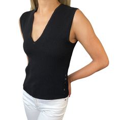 Ab: Good Condition, Used. Please Check Photos For Detail. Shoulder Width: 14 Inches (35.5cm) Underarm To Underarm: 15 Inches (38cm) Total Length: 19.1 Inches (48.5cm) Elegant Fitted Black Sweater Vest, Elegant Black V-neck Sweater Vest, Elegant Black Knit Sweater Vest, Chic Black Knit Vest, Knit Vest Top, Chanel Jacket, Chanel Vintage, Cc Logo, Knit Vest