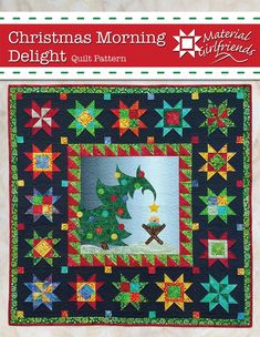 christmas morning quilt pattern with a tree in the center and stars on it, as well as an ornament