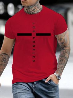 Rojo Casual Collar manga corta Tela Letras  Embellished Elástico Ligero Red Letter Print Shirt For Summer, Red T-shirt For Summer Streetwear, Red Shirt With Text Print For Summer, Red Graphic Tee With Letter Print, Red Graphic Tee With Text Print, Red Short Sleeve Shirt With Text Print, Red Summer Graphic Tee, Summer Red Graphic Tee, Red Graphic Tee For Summer