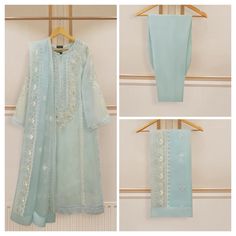 "Elevate your style with sky blue embroidered straight shirt crafted with utmost care and attention to detail. The shirt features intricate embroidery on the front and sleeves, adding a touch of timeless charm. Paired with a matching pant & dupatta LENGTH: 47\" Pants: Raw Silk Dupatta Fabric : Organza" Unstitched Light Blue Lawn Suit For Wedding, Blue Organza Lawn Suit With Dabka, Blue Cambric Dupatta With Intricate Embroidery, Light Blue Lawn Suit For Wedding And Eid, Festive Light Blue Dabka Salwar Kameez, Festive Light Blue Lawn Suit With Dupatta, Festive Light Blue Long Sleeve Lawn Suit, Unstitched Long Sleeve Light Blue Salwar Kameez, Unstitched Light Blue Long Sleeve Salwar Kameez