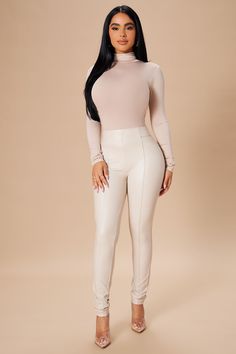 Available In Burgundy, Heather Grey, Khaki, Navy, Rose, And Off White Turtle Neck Long Sleeve 95% Rayon 5% Spandex Imported | Pamela Turtle Neck Long Sleeve Top in Khaki size Medium by Fashion Nova White Leather Pants, Amaya Colon, Pu Leggings, Turtle Neck Long Sleeve, Leather Legging, Boujee Outfits, Khaki Fashion, Classy Work Outfits, Loungewear Women