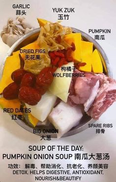 a bowl filled with different types of food on top of a white countertop next to chinese writing