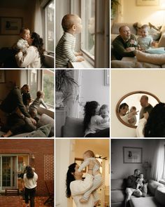 a collage of photos with people and children in the living room, one is holding a baby