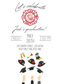 a fire department birthday party flyer with hats and firetrucks on the back