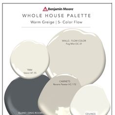 three different shades of white paint with the words, whole house palette warm grey and color flow