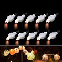 several different types of paper lanterns hanging from strings