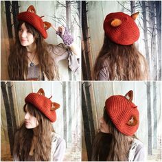 four pictures of a woman wearing a red knit hat with an animal on it's side