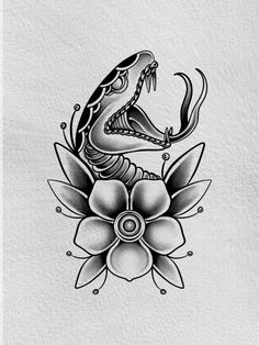 a black and white drawing of a snake sitting on top of a flower