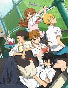 an anime scene with many people sitting on the floor and one person holding a baseball bat