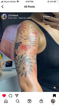 a woman's arm with tattoos on it, and the caption is all posted