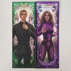 two cards with the same image on them, one in purple and one in green