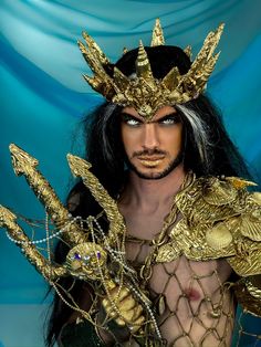 Sea God Crown and Armor Handmade Unisex Gold Costume Accessories For Halloween Cosplay, Gold Cosplay Costumes For Cosplay Events, Fantasy Gold Costume Accessories For Cosplay, Gold Costume Accessories For Cosplay Events, Neptune Costume, Man Mermaid, Aquaman Cosplay, Greek Crown, Sea God