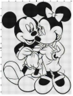 a cross stitch pattern with mickey and minnie mouse in black and white, on a white background