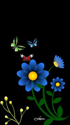 blue flowers and butterflies on a black background