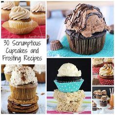 there are many cupcakes and frosting recipes in this collage with the words, 30 scrumptious cupcakes and frosting recipes