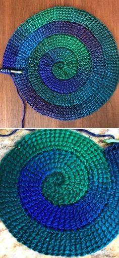 crocheted placemats made with yarn on top of a wooden table and bottom one is blue, the other is green