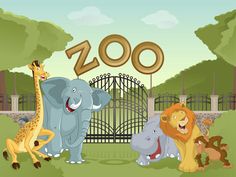 zoo scene with various animals in front of an iron gate and the word zoo on it