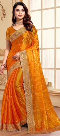 Yellow color Saree in Silk fabric with Embroidered, Sequence, Thread work Orange Embroidered Fabric With Zari Work For Wedding, Orange Embroidered Fabric For Eid Wedding, Embroidered Art Silk Fabric For Wedding, Orange Embroidered Wedding Fabric, Orange Embroidered Saree Fabric For Wedding, Wedding Art Silk Fabric With Resham Embroidery, Resham Embroidery Art Silk Wedding Fabric, Festive Orange Embroidered Fabric For Wedding, Bollywood Orange Embroidered Wedding Fabric