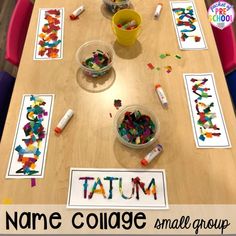 the table is covered with colorful letters and name collages to spell out small groups