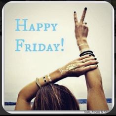 two hands making the peace sign with happy friday written in blue and white on it