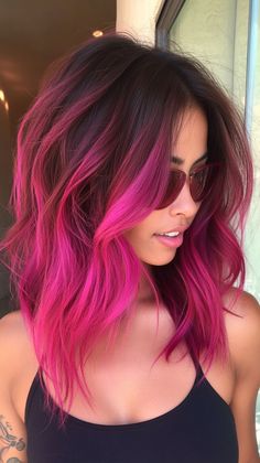 Elevate your style with raspberry pink ombre that pops against tan skin. Visit our page for tips on achieving this bold look. Save this pin for ombre inspiration! Tags: #RaspberryPinkOmbre #HairColor #TanSkin Maroon To Pink Ombre Hair, Bright Pink Ombre Hair, Red To Pink Ombre Hair Short, Vivid Hair With Shadow Root, Fuschia Ombre Hair, Pink With Shadow Root, Dark To Pink Hair, Pink Color Melt Hair, Hot Pink Hair With Dark Roots