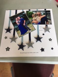 a card with two photos and stars on it