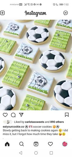 cookies decorated like soccer balls and the words instagram are on top of each cookie