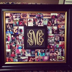 a collage of photos with the letter m in gold and black, is framed