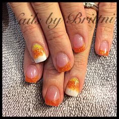 Glitter Candy Corn Nails, Candy Corn Nail Art, Candy Corn Nails Halloween, Candy Corn Nail Designs, Acrylics Halloween, Halloween Nails Candy Corn, Nails Candy Corn, Squoval Nail