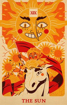 the sun tarot card with an image of a horse and sunflowers on it