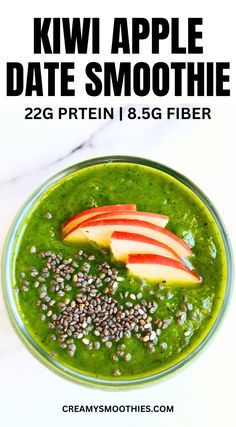 a green smoothie with apples and seeds in it