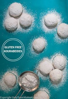 powdered sugar balls on a blue background with the words gluten free korabees