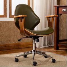 a green office chair sitting on top of a carpeted floor next to a wooden desk