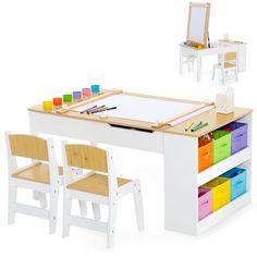 a child's desk and chair set with art supplies