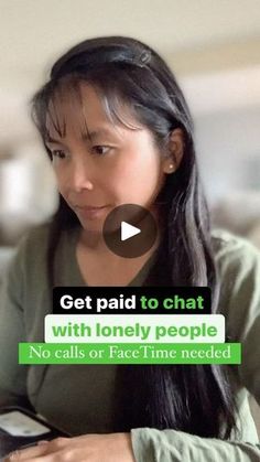 a woman sitting at a table with a cell phone in her hand and texting get paid to chat