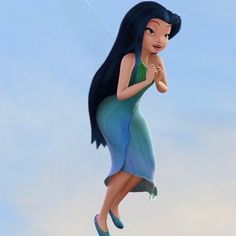 a cartoon character flying through the air with her hand on her chin and wearing blue shoes