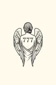 an angel tattoo with the number 777 on it's back and two wings