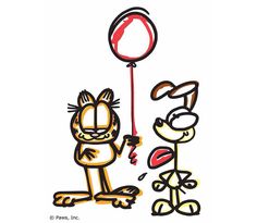 a drawing of a cat holding onto a balloon with another cat standing next to it