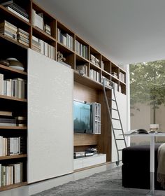 a living room with bookshelves and a ladder to the top of one bookcase