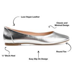 Looking for a versatile shoe that you can wear with any outfit? The Kavn round-toe ballet flat by Journee Collection is a classic and timeless design that will never go out of fashion. Made with soft and comfortable vegan leather, this shoe features a narrow-width footbed and a comfort insole that offers a perfect fit for your feet. Classic Synthetic Ballet Flats With Round Toe, Classic Slip-on Ballet Flats, Classic Ballet Flats Medium Width, Classic Medium Width Ballet Flats, Classic Closed Toe Synthetic Ballet Flats, Classic Slip-on Ballet Flats For Spring, Classic Closed Toe Flats, Classic Round Toe Flats, Classic Fitted Closed Toe Flats