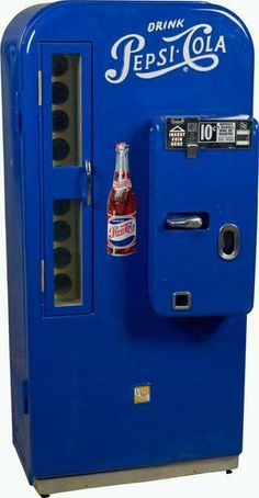 an old fashioned pepsi cola machine with its door open