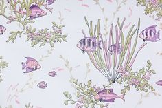 a wallpaper with fish and plants on white background in pastel colors, including pinks and greens