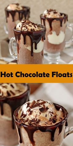 hot chocolate floats with whipped cream and chocolate drizzle