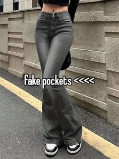 a woman standing in front of a wall with her hands on her hips and the words fake pockets