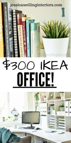 a desk with a computer on it and the words $ 300 ikea office