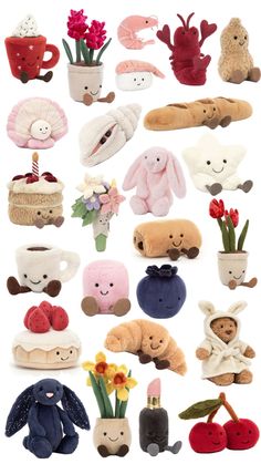 many stuffed animals and flowers are arranged in the shape of an egg on a white background