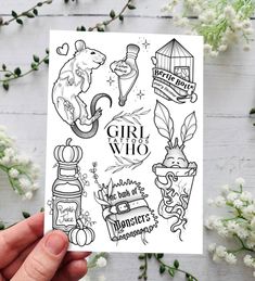 the girl who sticker sheet is being held up in front of some flowers and plants