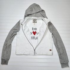 Super Cute, New Without Tags 22 Inches Pit To Pit, 21 Inches Shoulder Down Smoke Free Home White Relaxed Fit Outerwear With Letter Print, White Hoodie For Everyday Spring Wear, White Hooded Top For Everyday, White Hooded Top For Everyday Wear, White Denim Jacket, Knit Sleeve, Peace Love, White Denim, Gray Jacket