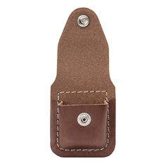 a brown leather case with a button on the front and side pocket for a cell phone