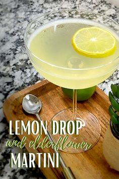 a lemon drop and diffrent martini on a cutting board